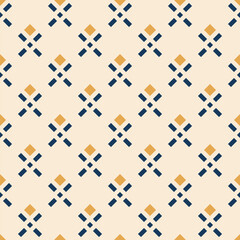 Retro pattern. Vector ornamental geometric seamless texture. Simple ornament with lines, crosses, squares, repeat tiles. Abstract vintage geo background. Dark blue, beige and gold color. Funky design