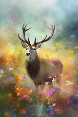 A Majestic Stag in the Misty Autumn Meadow: A Watercolor Painting