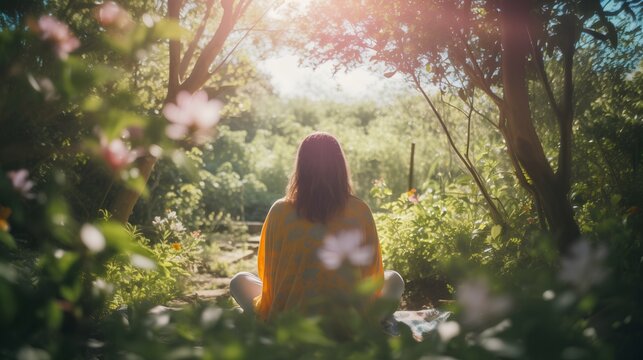 Woman practicing mindfulness meditation in a serene natural environment for mental health and self-care. Generative AI