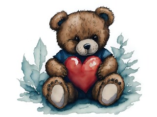 colorfull Teddy bear sitting holding heart watercolor. ai generative