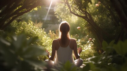 Woman practicing mindfulness meditation in a serene natural environment for mental health and self-care. Generative AI