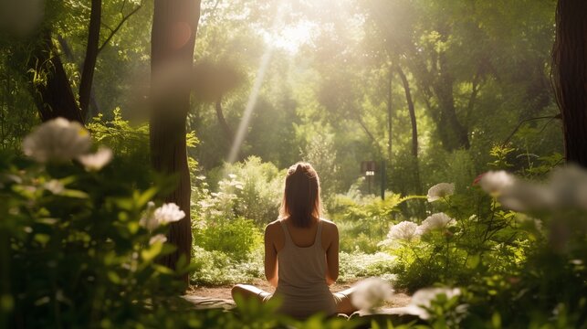 Woman practicing mindfulness meditation in a serene natural environment for mental health and self-care. Generative AI