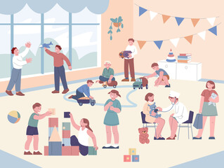 Children play in kindergarten. Doctor kid, montessori preschool for kids. Toddlers playing in nursery with toys and each other. Fun childhood kicky vector scene