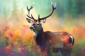 Naklejka na ściany i meble A Majestic Stag in the Misty Autumn Meadow: A Watercolor Painting
