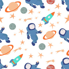 Seamless repeating space pattern.Childish background for textiles, pajamas and bed linen.