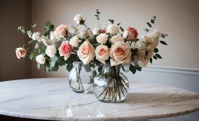 marble table with beautiful bouquet of red and pink roses, mother's day, wedding, floral decoration
