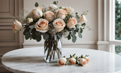 marble table with beautiful bouquet of red and pink roses, mother's day, wedding, floral decoration