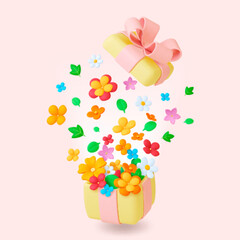Box spring flower, 3d floral vibrant explosion. Bouquet gift pack, decorative holidays female present. Bright blossom flowers fly, pithy vector concept