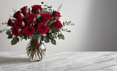 marble table with beautiful bouquet of red and pink roses, mother's day, wedding, floral decoration