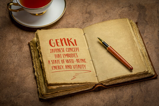 Genki - Japanese concept that embodies a state of wellbeing, energy and vitality, a note in retro journal or diary with a cup of tea