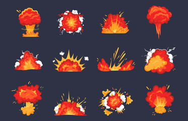 Obraz premium Cartoon bomb wave explosion, detonation and boom effect. Power symbol, superhero comic blast. Fire, atomic bang and smoke snugly vector set