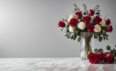 marble table with beautiful bouquet of red and pink roses, mother's day, wedding, floral decoration