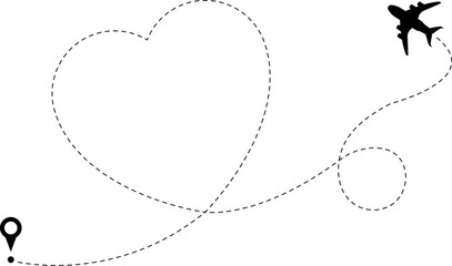 Love airplane route, plane flying heart shape. Wedding symbol, travel path from dots. Dotted line and destination pin, romantic journey decent vector graphic © MicroOne