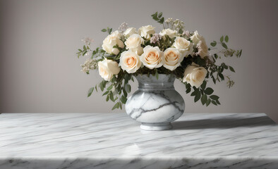 marble table with beautiful bouquet of red and pink roses, mother's day, wedding, floral decoration