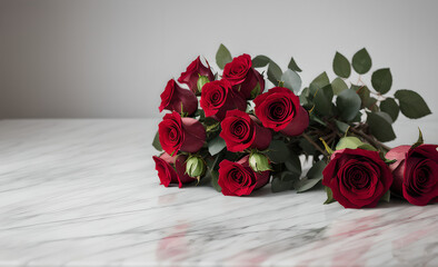 marble table with beautiful bouquet of red and pink roses, mother's day, wedding, floral decoration