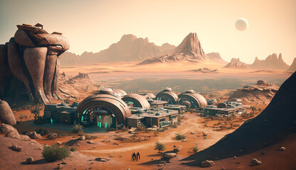 A small human settlement on a mars-like planet, colonization concept, Generative ai