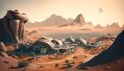 Deurstickers A small human settlement on a mars-like planet, colonization concept, Generative ai © Hunterframe