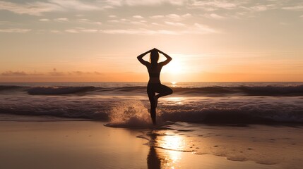 Person practicing yoga on beach during sunset, promoting mental health, self-care, and connection to nature. Generative AI