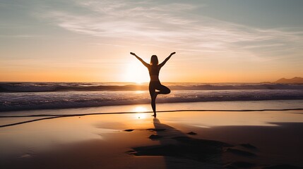Person practicing yoga on beach during sunset, promoting mental health, self-care, and connection to nature. Generative AI