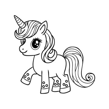 Cute cartoon unicorn . Fantastic animal. Black and white, linear, image. For the design of coloring books, prints, posters, stickers, tattoos, etc. Vector