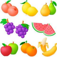 Fruits 3d icons. Isolated realistic fruit, tropical juicy elements. Watermelon, banana, apples. Summer harvest, vitamin food pithy vector set