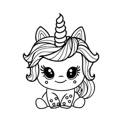 Cute cartoon unicorn . Fantastic animal. Black and white, linear, image. For the design of coloring books, prints, posters, stickers, tattoos, etc. Vector