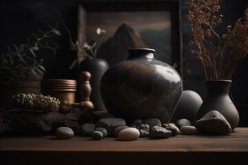 Fototapeta na wymiar a vase sitting on a table with a lot of rocks around it and a few other items in the background on the table top of the table are rocks and dirt and dirt and dirt. generative. Generative AI