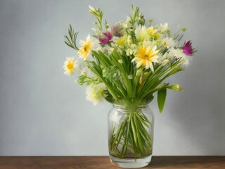 Glass of fresh spring flowers in vase. Decoration. Generative AI