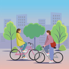 Girls on bikes talking on the city street flat vector illustration