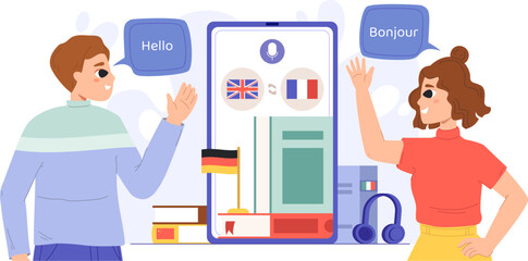Digital language translator, international study and vocabulary training. University education application, foreign students snugly vector concept