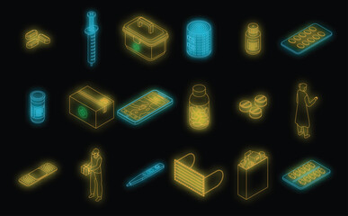 Drug delivery icons set. Isometric set of drug delivery vector icons neon color on black