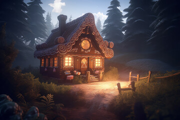 Gingerbread House in the Dark woods Fairy Tale Concept Art created with Generative AI technology