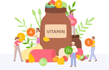 Vitamin food and people. Healthy goods, fresh nutrition and raw fruits and vegetables. Supplement to eating, vegetarian youth snugly vector scene