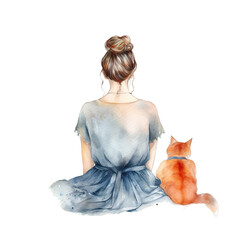 Watercolor woman with her cat. generative ai
