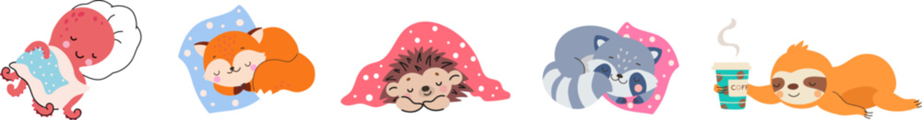 Cartoon animals sleep. Sleeping wild animal, fox and raccoon, octopus and sloth. Cute hedgehog rest, dreaming baby vector characters