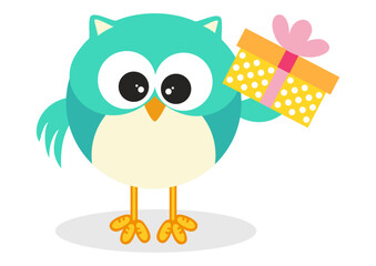 Birthday owl holding a gift box