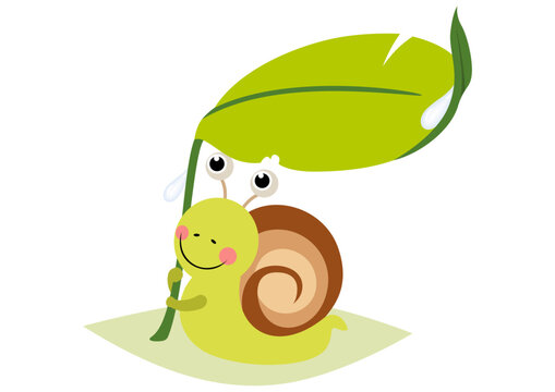 recommend clip art: Funny snail sheltering from rain under green leaf
