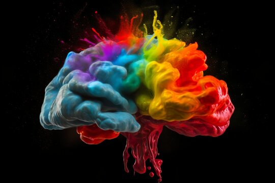 Ein Gehirn explodiert in vielen, bunten Farben (Generative AI)