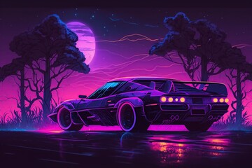 Naklejka na ściany i meble an illustration, driving at night in purple wave futuristic car, ai generative