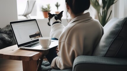 Woman enjoying the flexibility of remote work in a comfortable home setting with her pet dog and a cup of coffee - Generative AI