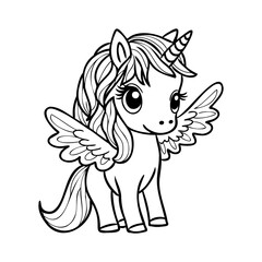 Cute cartoon unicorn . Fantastic animal. Black and white, linear, image. For the design of coloring books, prints, posters, stickers, tattoos, etc. Vector