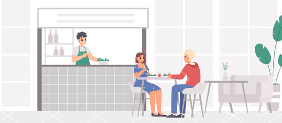 Couple on dating in cafe, cafeteria vegan. Young adults eating, waiter and visitors. Canteen, food court in mail or waiting area. Vector cartoon meet scene