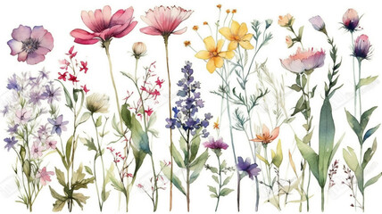 delicate watercolor beautiful meadow flowers on white background. generative ai	
