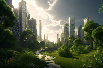 Eco,futuristic cityscape ESG concept full with greenery, skyscrapers, parks, and other manmade green spaces in urban area, Green garden in modern city, Digital art 3D illustration, (Generative AI)
