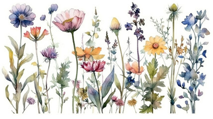 Obraz premium delicate watercolor beautiful meadow flowers on white background. generative ai 