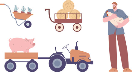 Farmer and farm animals. Agriculture technic, hen and cute flat pig. Tractor and wheelbarrow, harvest season vector cartoon graphic characters