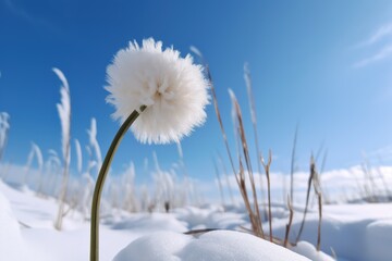  a fluffy white flower sitting on top of a snow covered groud