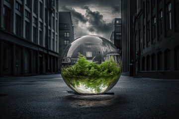 green plants and moss inside a glass sphere in a dark deserted city under dramatic sky, eco concept, protecting green in the city, generative AI