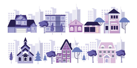 Cute houses, city buildings in  Flat vector illustration isolated on white background