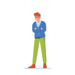 Male Character Stands With His Arms Crossed, Wearing A Sad Expression On His Face. Man Lost In Deep Thought